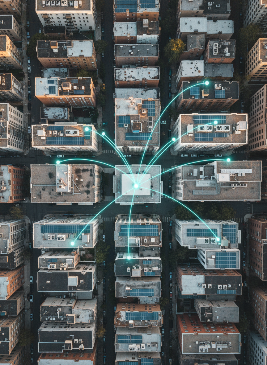A detailed photographic overhead view of a dense urban neighborhood with a realistic mix of residential and commercial buildings, rooftops populated with solar photovoltaic arrays, small HVAC units, and battery cabinets. Overlaid into the physical scene, semi-transparent, softly glowing network lines and nodes arc between rooftops and a central, nondescript data hub building, visually suggesting AI-managed distributed energy without any visible text. Late afternoon sunlight creates clear but gentle shadows between the buildings, while the color palette remains neutral and believable. The composition is a carefully framed bird’s-eye view with sharp focus across the frame, evoking a professional, analytical mood that communicates city-scale AI optimization of distributed energy resources in a pragmatic, real-world context.