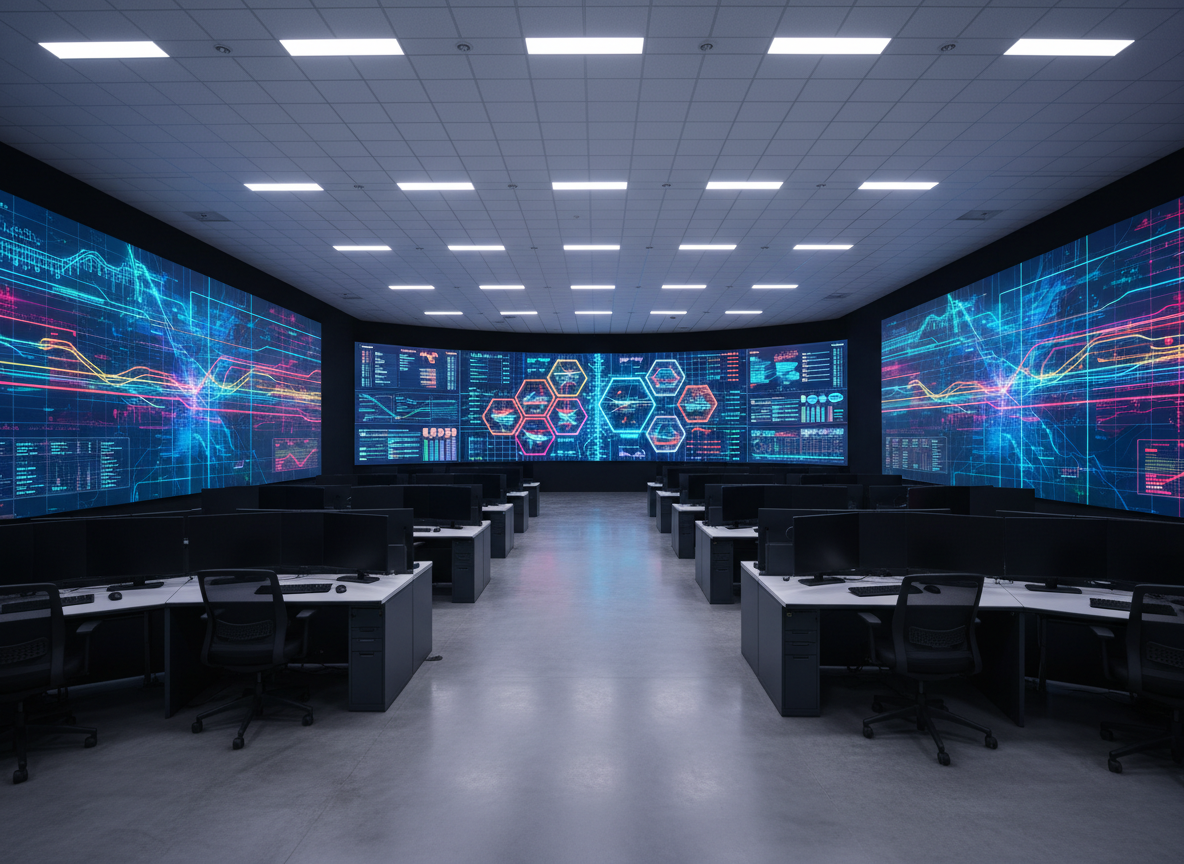 A wide panoramic photographic view of a modern energy control room filled with large wall-mounted screens displaying abstract, brightly colored grid maps, real-time power flows, and AI analytics dashboards represented as geometric charts and flowing data lines without readable text. Rows of sleek, unoccupied workstations with dark matte monitors and neatly arranged keyboards form the foreground. Cool, evenly diffused LED ceiling lights illuminate the room, creating soft reflections on the polished floor and screen surfaces. Shot from a slightly elevated angle with sharp focus throughout, the composition emphasizes scale, order, and technical sophistication. The mood is professional, calm, and analytical, conveying advanced AI supervision of an interconnected energy system in a realistic, non-glamorized environment.