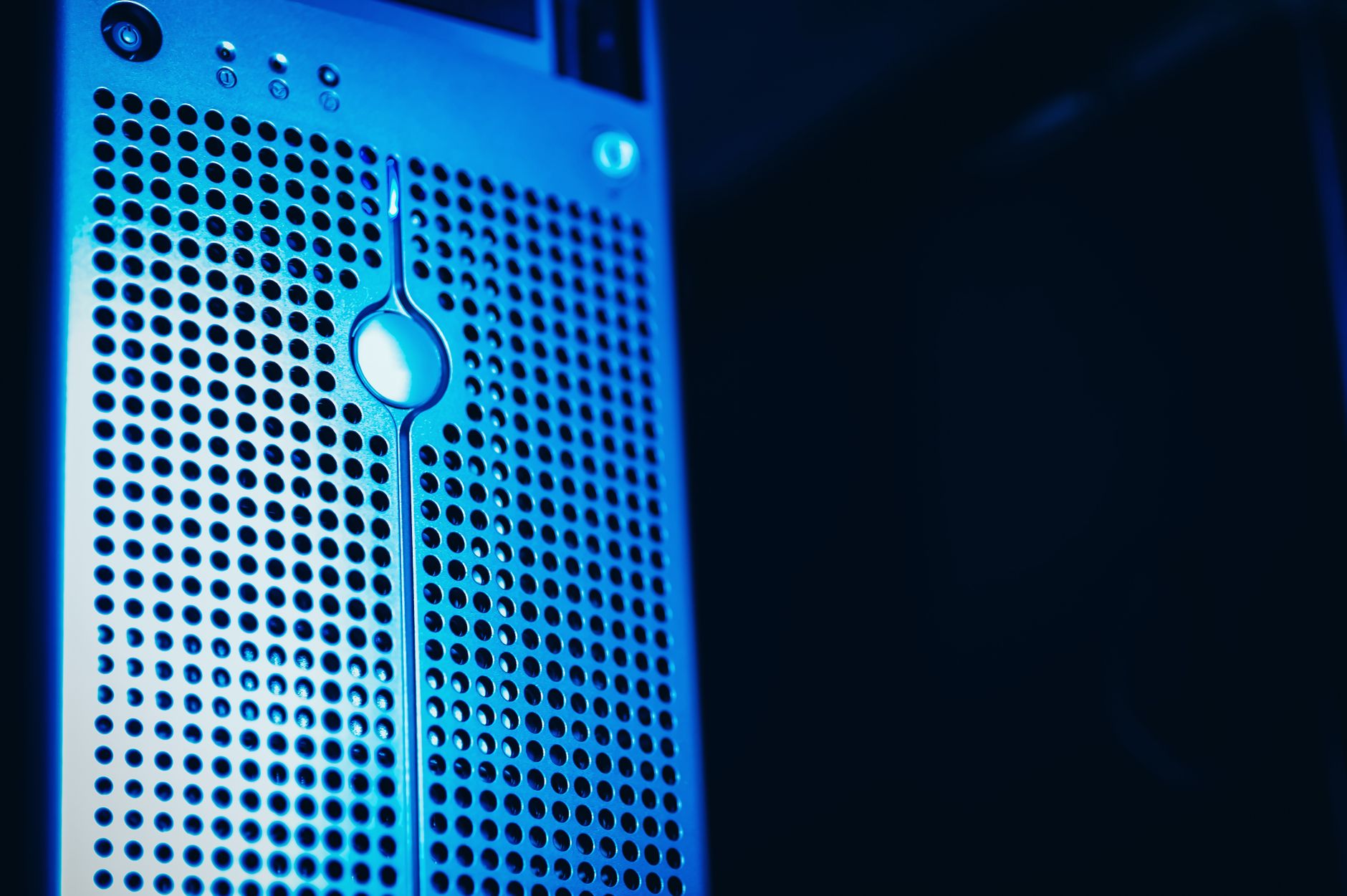 close up of a blue server rack in datacenter