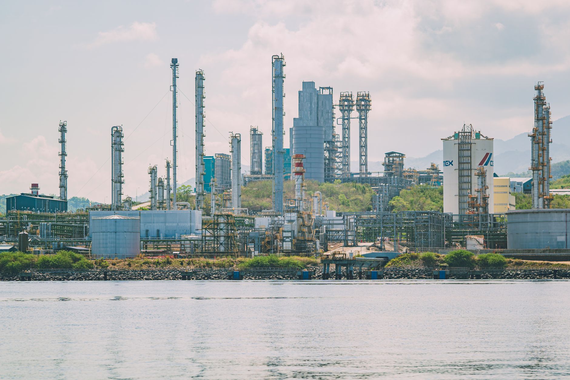industrial refinery complex by the water