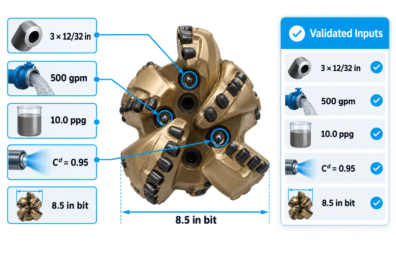 Validated inputs for a drill bit nozzle TFA calculation with three 12/32 inch nozzles, 500 gpm and 10 ppg mud