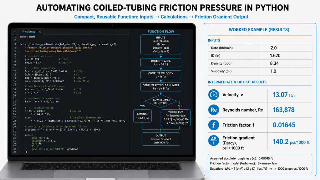 Python workflow for Darcy-Weisbach coiled tubing friction pressure using Swamee-Jain friction factor
