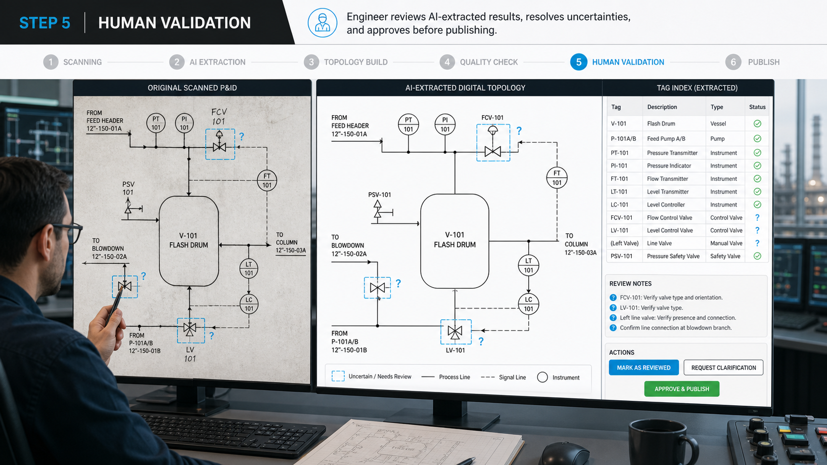Engineer validating AI-digitized P&ID tags, line connections, flow direction and revision traceability
