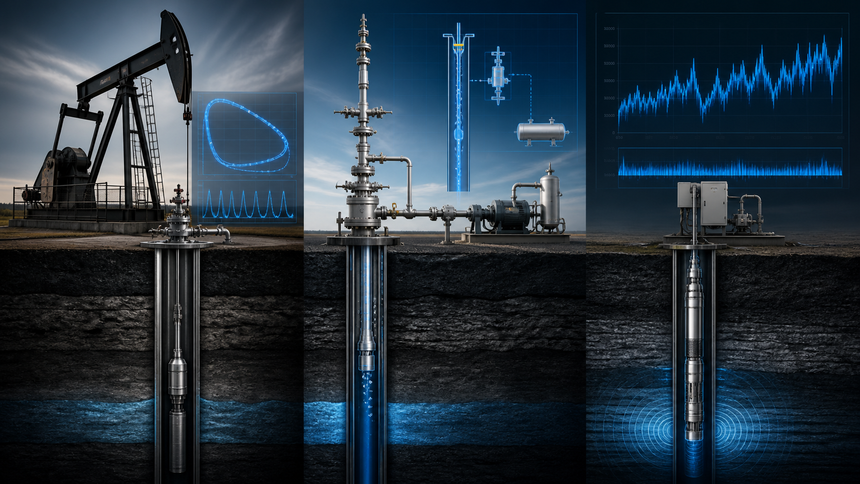 AI artificial lift optimization diagnostics comparing rod-pump dynacard, gas-lift injection and ESP telemetry