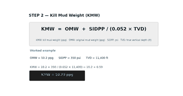 Kill weight mud formula KMW equals OMW plus SIDPP divided by 0.052 times TVD, with a worked numeric example
