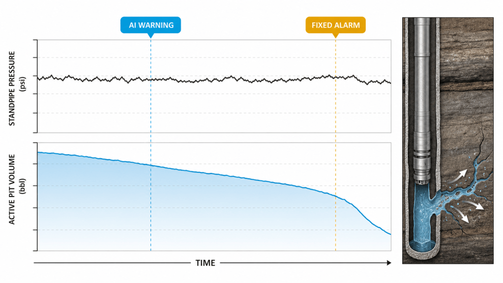 Standpipe-pressure and active-pit-volume trends showing an AI warning before the conventional fixed alarm