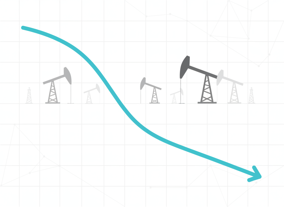 Abstract illustration of a declining oil well production curve used for AI decline curve analysis forecasting