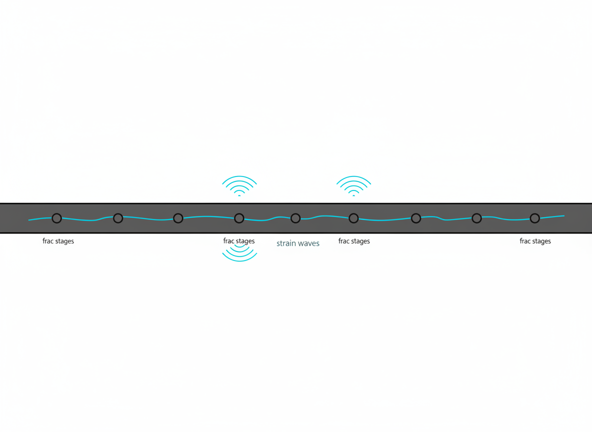Technical diagram of fiber-optic sensing cable along a horizontal well detecting frac hit interference