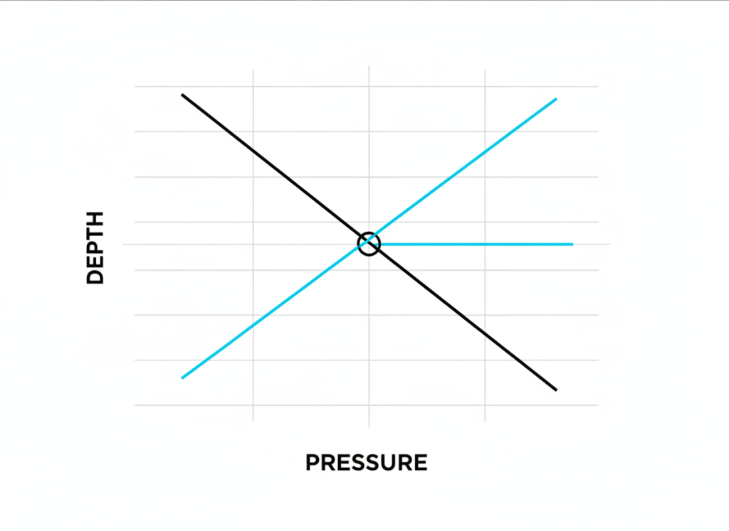 Gas lift valve spacing calculation chart showing kickoff pressure line and load fluid gradient line intersecting