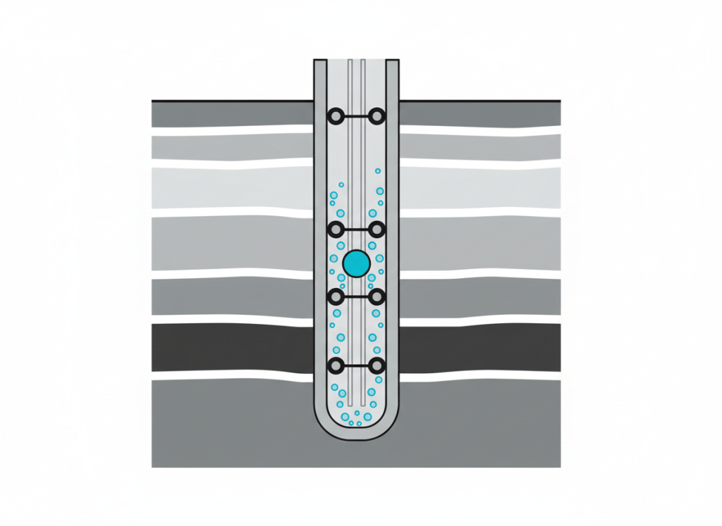 Diagram of gas lift valve spacing calculation showing mandrels along a wellbore tubing string