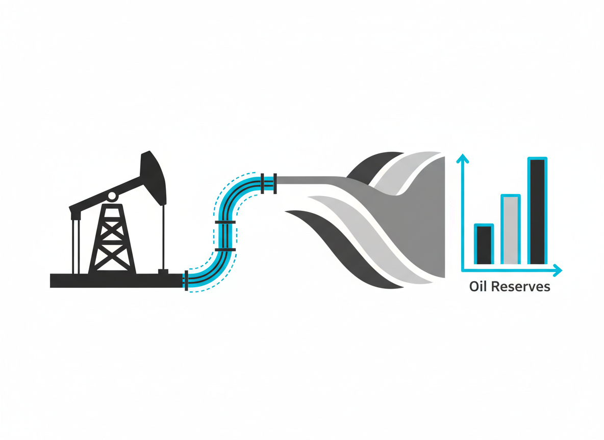 Abstract illustration of production data flowing into an AI forecasting pipeline for reserves estimation