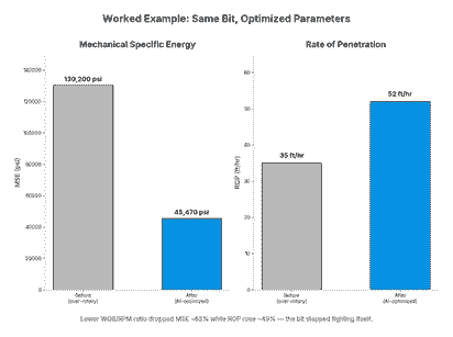 Bar chart comparing mechanical specific energy and rate of penetration before and after AI optimized drilling parameters