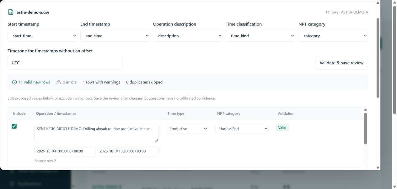 DrillAstra import review showing eleven valid synthetic rows and an overlap warning