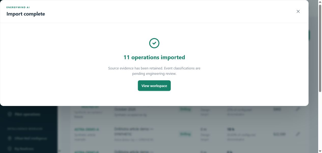 DrillAstra import completion confirming eleven synthetic operational events with their source preserved