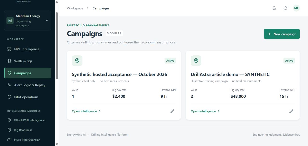 DrillAstra campaign settings showing the synthetic rig day rate, additional hourly cost and all logged time denominator