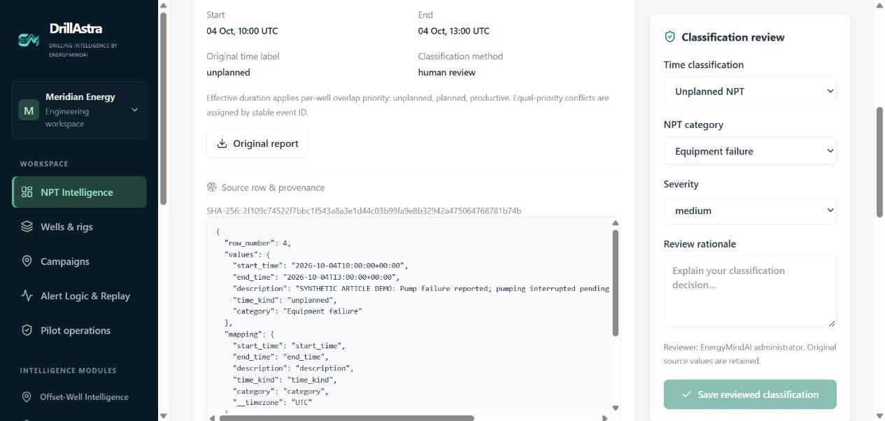 DrillAstra expanded source provenance showing the original synthetic CSV row, timestamp mapping and document fingerprint