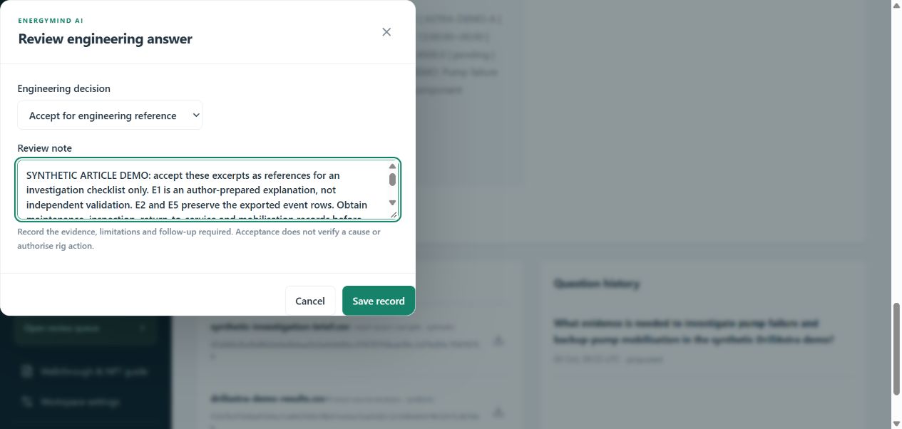 DrillAstra Copilot review dialog recording synthetic source limitations and follow-up evidence before accepting for engineering reference