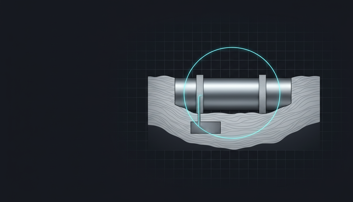AI cathodic protection monitoring concept illustration showing current flow between anode bed and buried pipeline