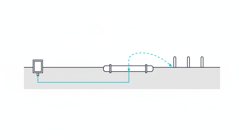 Diagram of an impressed current cathodic protection system with rectifier anode bed and pipeline