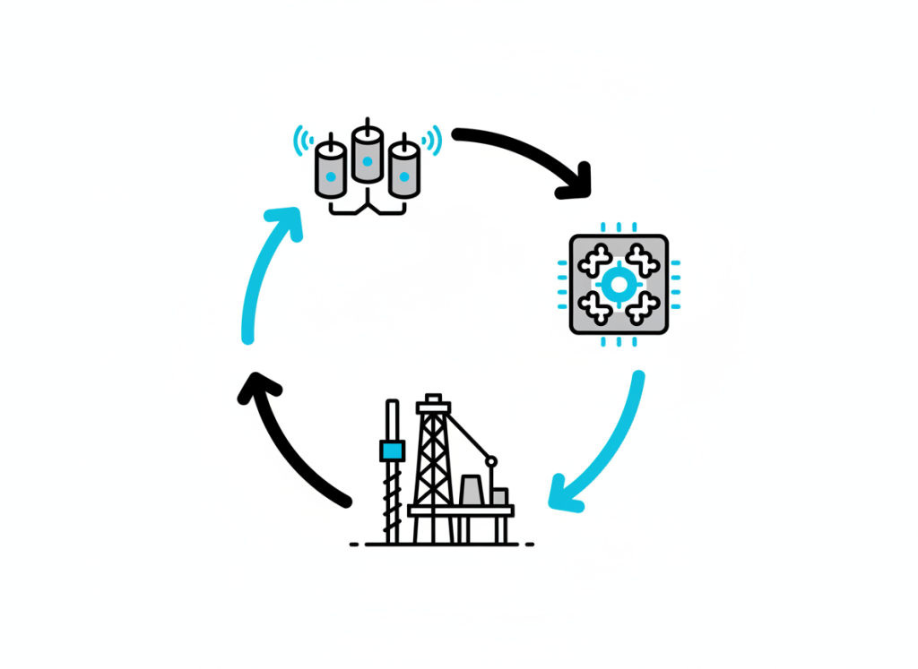 Closed-loop drilling automation control cycle diagram linking sensors, software and rig equipment
