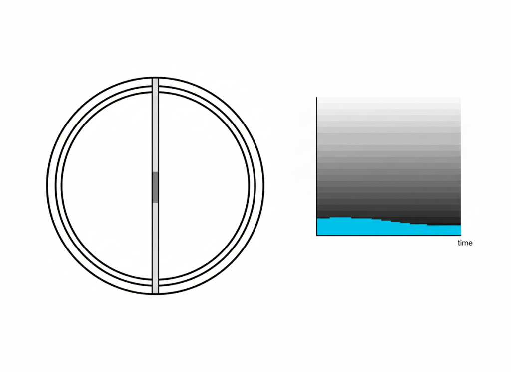 Diagram of distributed acoustic sensing fiber optic cable and strain-rate waterfall signal chart in a wellbore