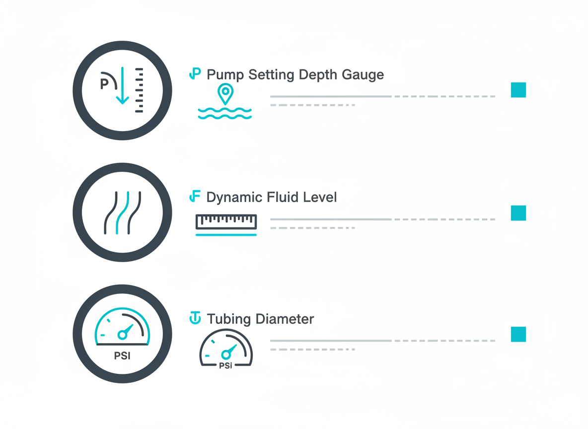 Input data checklist for ESP total dynamic head calculation: pump depth, fluid level, tubing size, pressure