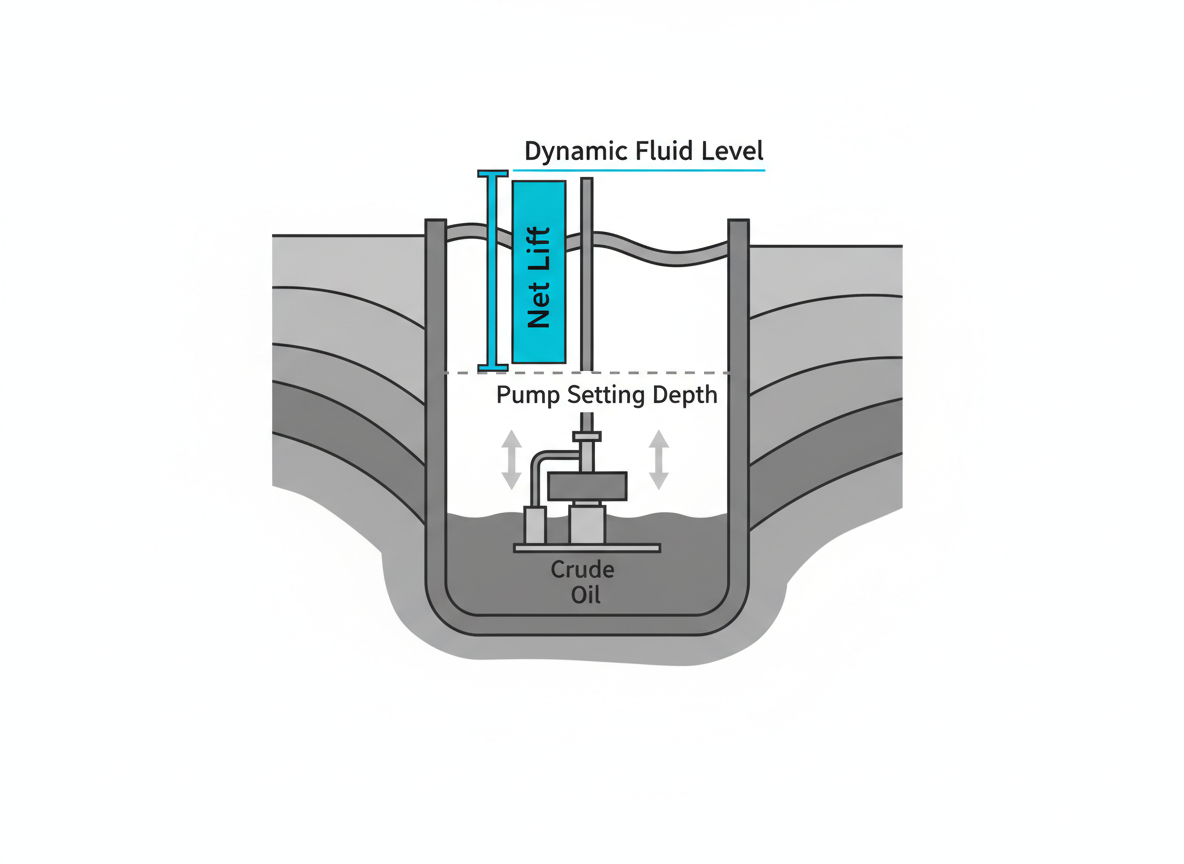 Net lift calculation diagram showing pump setting depth minus dynamic fluid level for ESP sizing