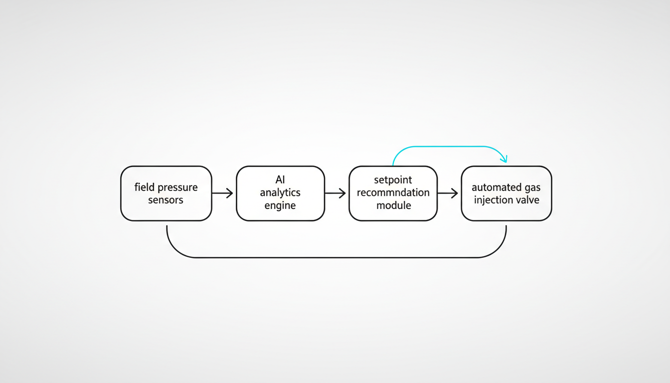 Closed loop AI gas lift optimization workflow diagram from sensors to automated injection valve