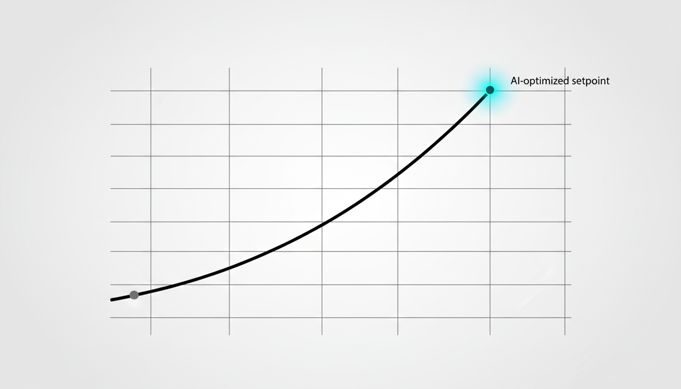 Gas lift performance curve diagram showing production rate versus injection rate with an AI optimized setpoint