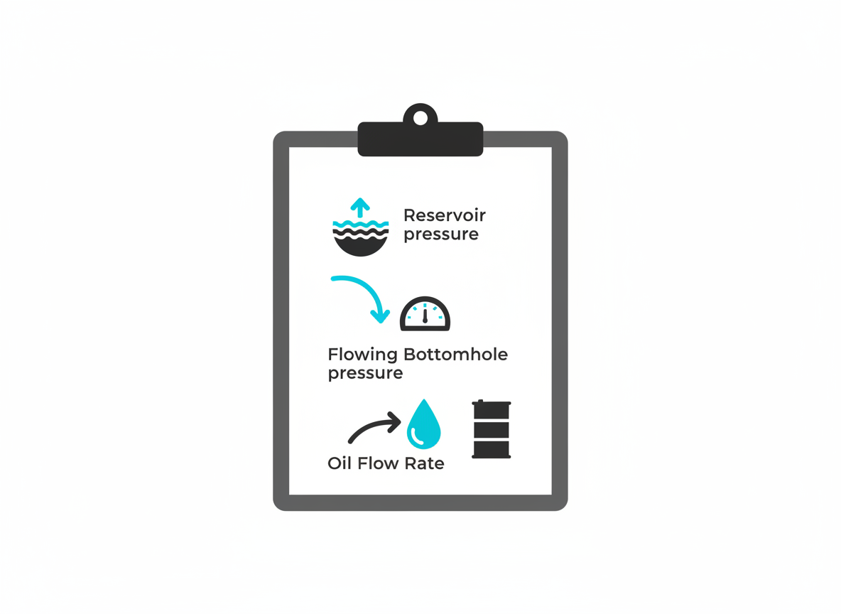 Well test data inputs for Vogel IPR equation calculation: reservoir pressure, flowing bottomhole pressure, flow rate
