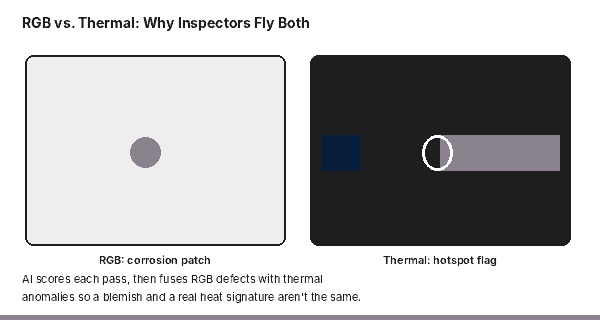 RGB versus thermal imaging comparison showing AI drone detection of pipeline corrosion and heat anomalies