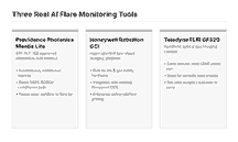 Comparison chart of AI flare monitoring tools Mantis Lite, Rebellion Gas Cloud Imaging, and FLIR GF320 for combustion efficiency monitoring
