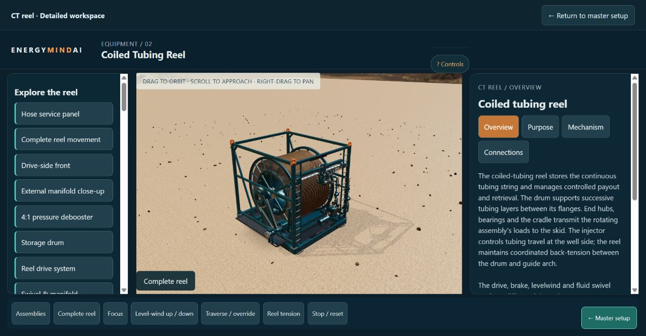 Actual detailed reel workspace with the 3D drum and component knowledge panel