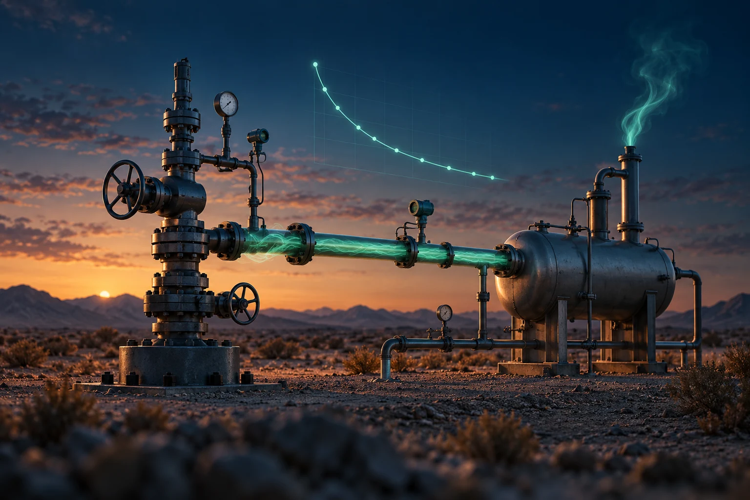 Gas well deliverability test concept artwork showing a gas well and pressure response