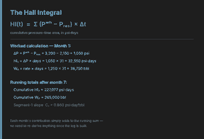 Radial injectivity equation with worked numeric example showing skin factor calculation from Hall plot slope for a water injection well