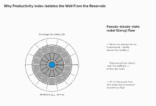 Diagram of radial flow pattern from reservoir drainage boundary to wellbore illustrating productivity index and skin factor concept