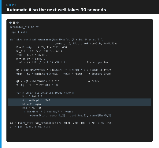 Code mockup showing a Python function that automates separator sizing calculations for the next well